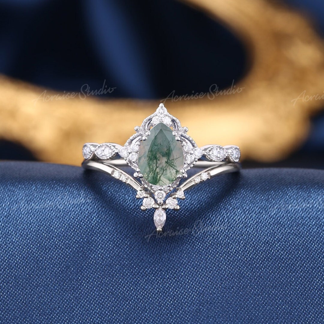 Pear Moss Agate Engagement Ring Set Vintage White Gold Bridal - Etsy