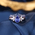 Pear Cut Cornflower Sapphire Engagement Ring Set 14K Rose Gold Diamond Cluster Ring Blue Sapphire Open Wedding Band Art Deco Bridal Ring Set