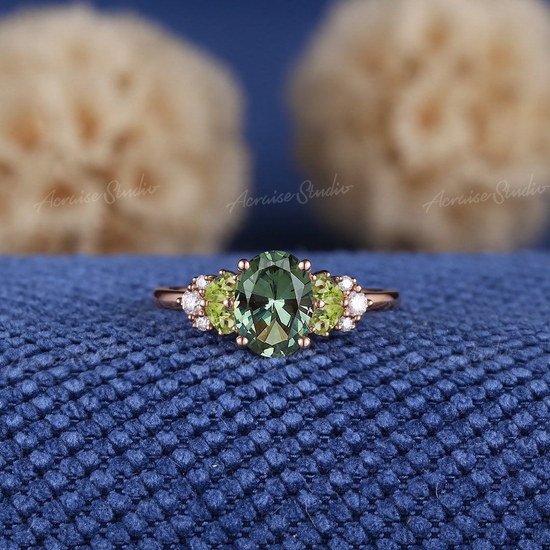 Vintage Oval Olive Green Sapphire Engagement Ring Rose Gold