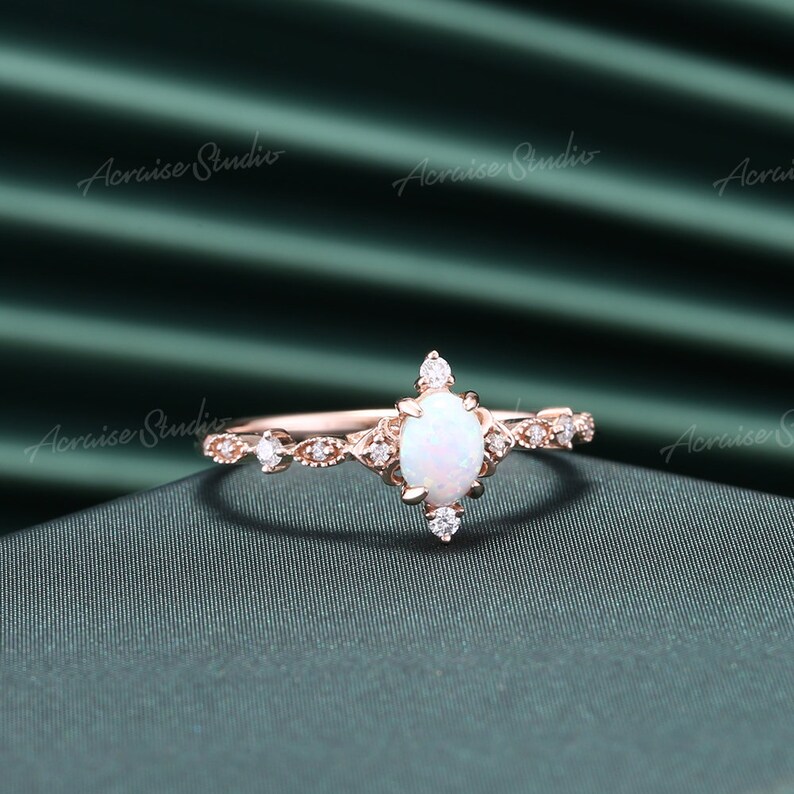 Vintage Opal Engagement Ring Rose Gold Oval Cut Opal Wedding Ring Art Deco Cluster MoissaniteDiamond Milgrain Promise Ring Anniversary Gift