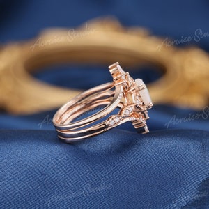 Unique Opal Engagement Ring Set 3pcs Pear Shaped Bridal Sets Nature White Opal Wedding Ring Set Women Vintage Rose gold Promise Ring for Her image 9