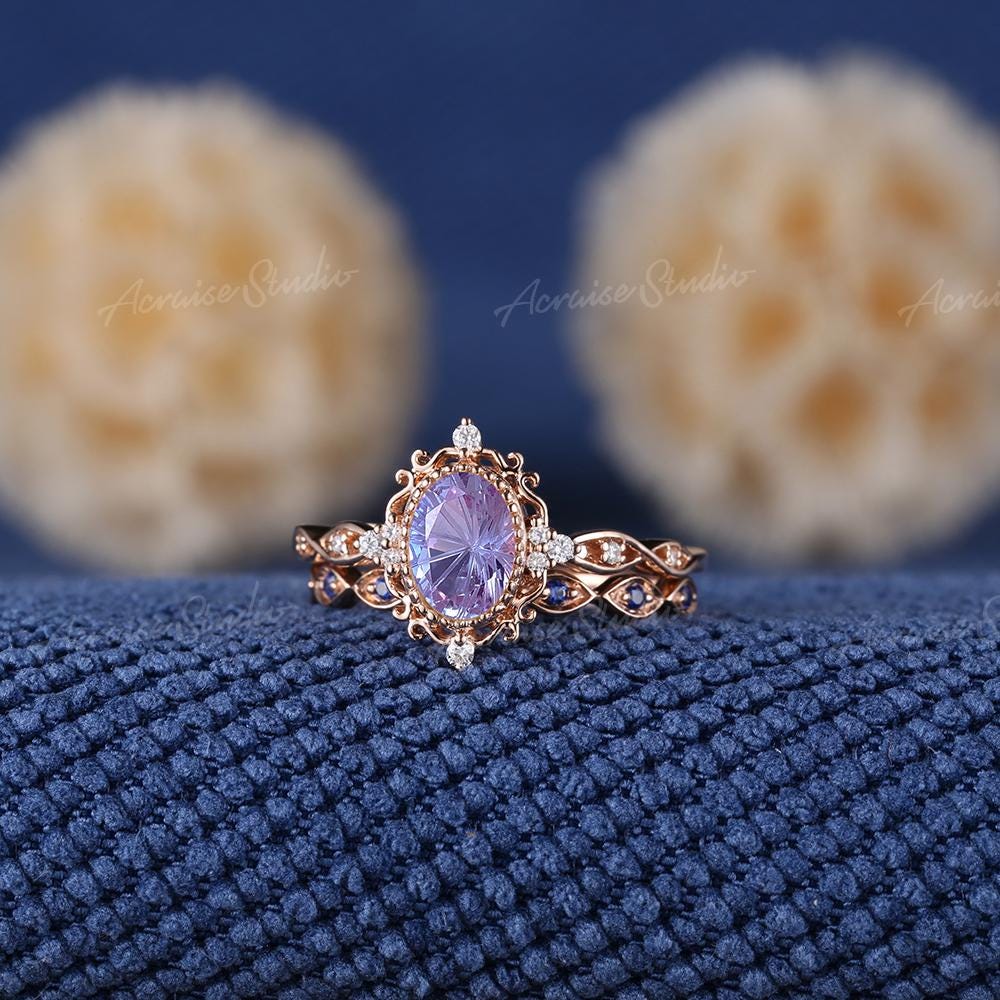 Unique Oval Fireworks Cut Alexandrite Engagement Ring Set Rose