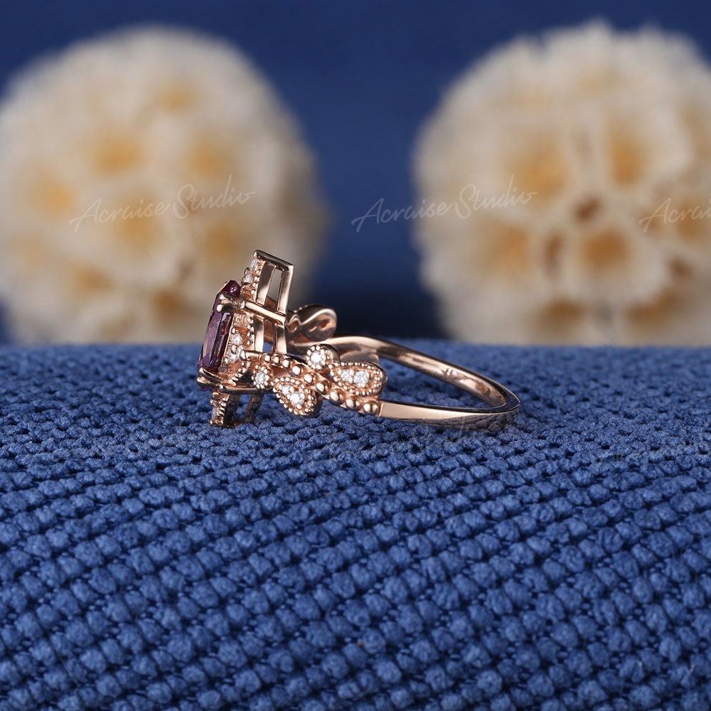 Vintage Oval Shaped Alexandrite Engagement Ring Rose Gold Carved