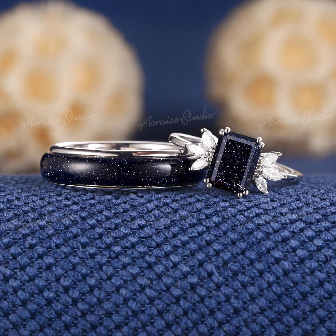 Unique 2pcs Couple Rings Set, Black Sandstone Engagement Ring Set ...