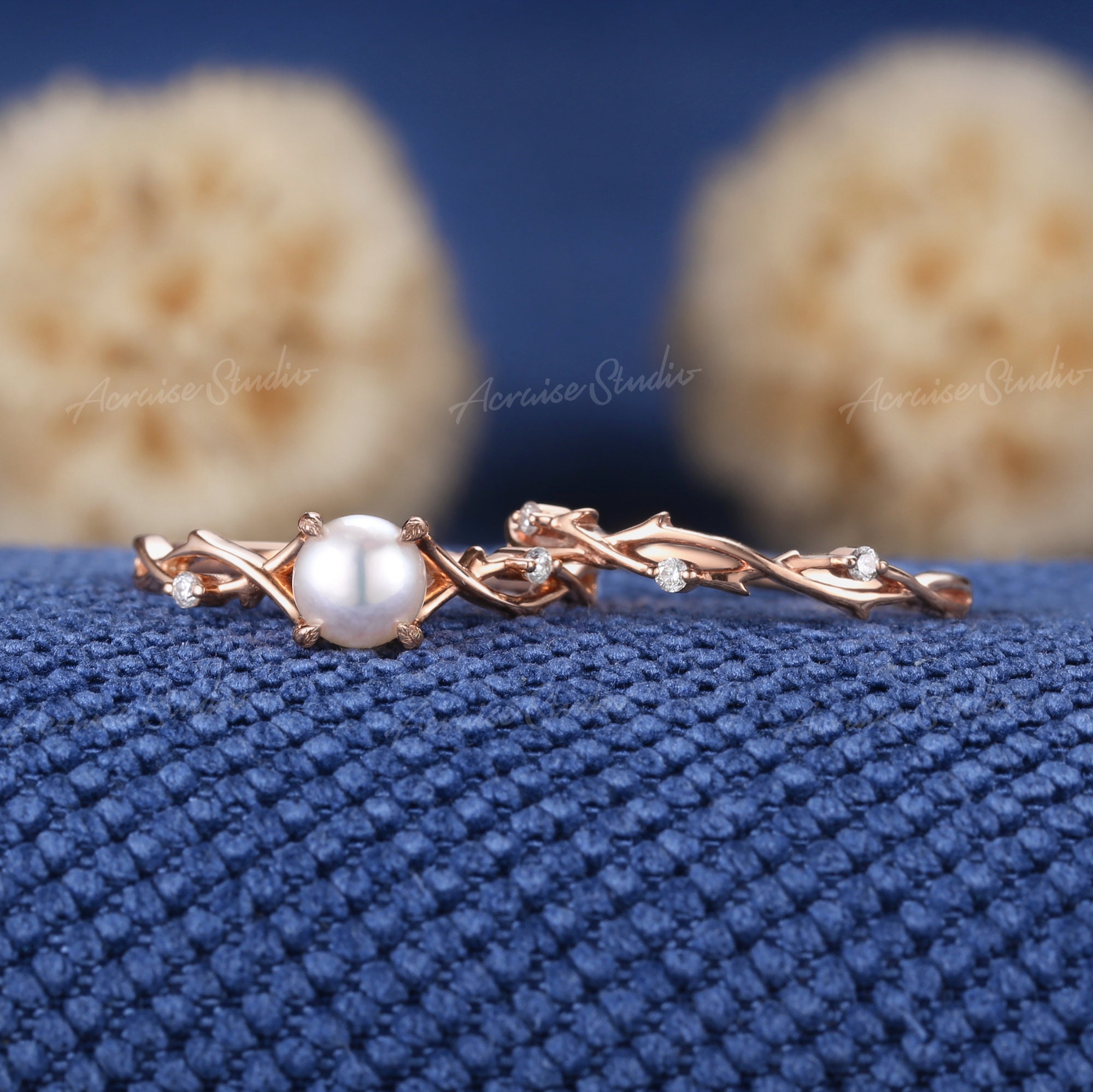 Vintage Akoya Pearl Engagement Ring Set Rose Gold Wedding Ring Set