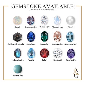May include: A chart showing 15 different gemstones, including opal, alexandrite, moissanite, moonstone, pearl, rutilated quartz, sapphire, emerald, morganite, aquamarine, labradorite, topaz, ruby, diamond, and tanzanite. The text "GEMSTONE AVAILABLE" and "CHOOSE YOUR FAVORITE" is at the top of the chart.