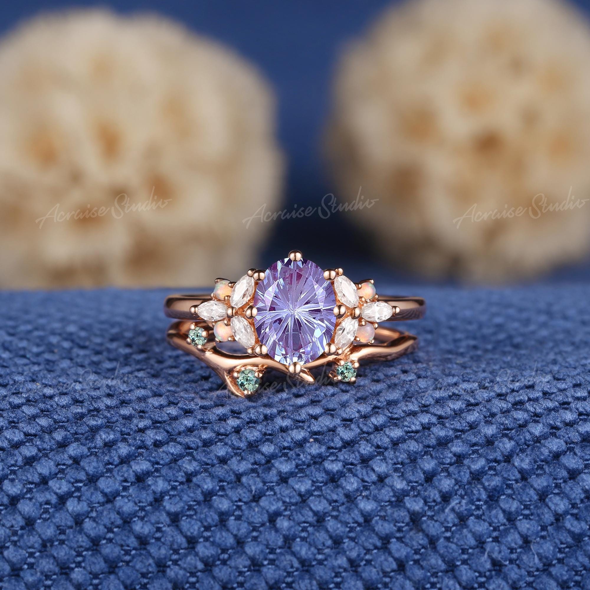 Unique Fireworks Cut Alexandrite Engagement Ring Set Rose Gold