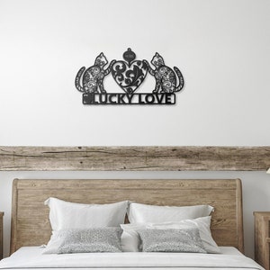 Metal sign two lucky cats | Cats between love heart | Attract luck and love | The power of love and luck |