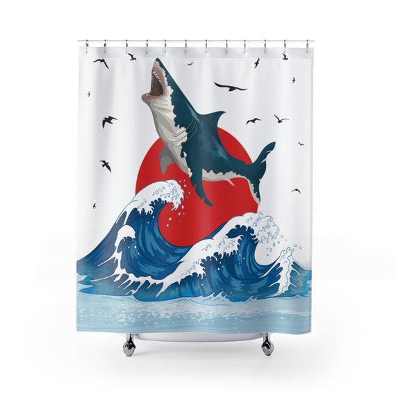 Jumping Shark Shower Curtain Shark and Choppy Waves Oceans Natural