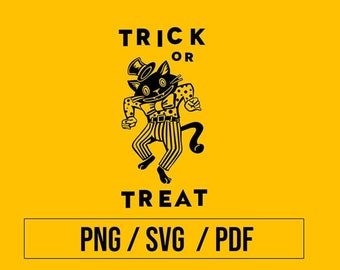 Trick Or Treat // Halloween Black Cat // Vintage Cat // PNG SVG PDF // Design File // Cat Vector // Cricut Cameo Silhouette