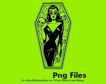 May include: Black and white illustration of a woman in a coffin with a spiderweb design. She is wearing a long dress and has skulls around her. The text "Png Files for Hand Embroidery or Cricut Maker and More" is below the image.