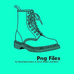 Può includere: Illustrazione in bianco e nero di uno stivale con lacci. Il testo "Png Files for Hand Embroidery or Cricut Maker and More" è sotto l'immagine.