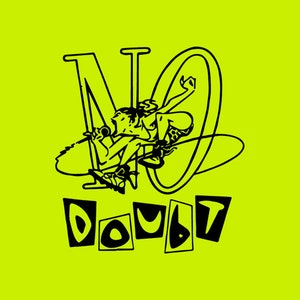 以下が含まれることがあります： ノー・ダウトのバンドの白黒のロゴ。ロゴは、文字を飛び越える人物が描かれたスタイリッシュな「N」を特徴としています。「Doubt」という言葉は、「N」の下にスタイリッシュなフォントで書かれています。