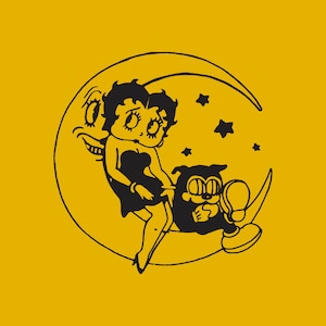 May include: Black and white illustration of a cartoon woman sitting on a crescent moon with a black cat. The woman is wearing a dress and has a large bow in her hair. The cat is sitting on the moon with its tail curled around its legs.
