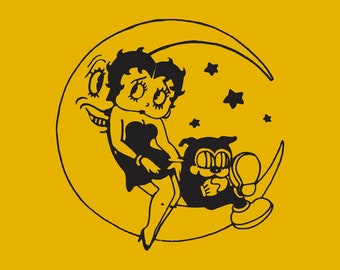 Vintage Betty Boop Moon Clipart Graphic  // PNG Transparent Background  // Design File // Clipart for crafting // LineDrawing