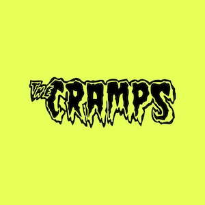 Puede incluir: Logotipo en blanco y negro para la banda The Cramps. El logotipo está en un estilo de fuente que gotea.