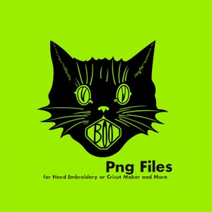 May include: Black and white illustration of a cat with large eyes and a wide open mouth saying "BOO". The text "Png Files for Hand Embroidery or Cricut Maker and More" is below the image.