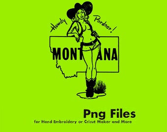 Montana Vintage Pinup  Western Cowgirl Rodeo Clipart Graphic  // PNG Transparent Background  // Design File // Screenprint // LineDrawing