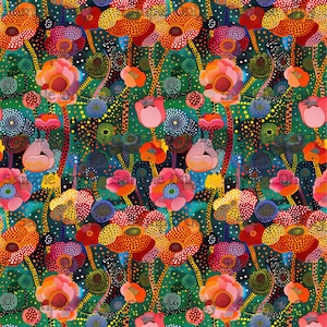May include: A vibrant floral pattern featuring stylized flowers in shades of orange, red, pink, yellow, and blue against a dark green background. The design incorporates dotted textures and organic shapes, creating a lively and colorful aesthetic.