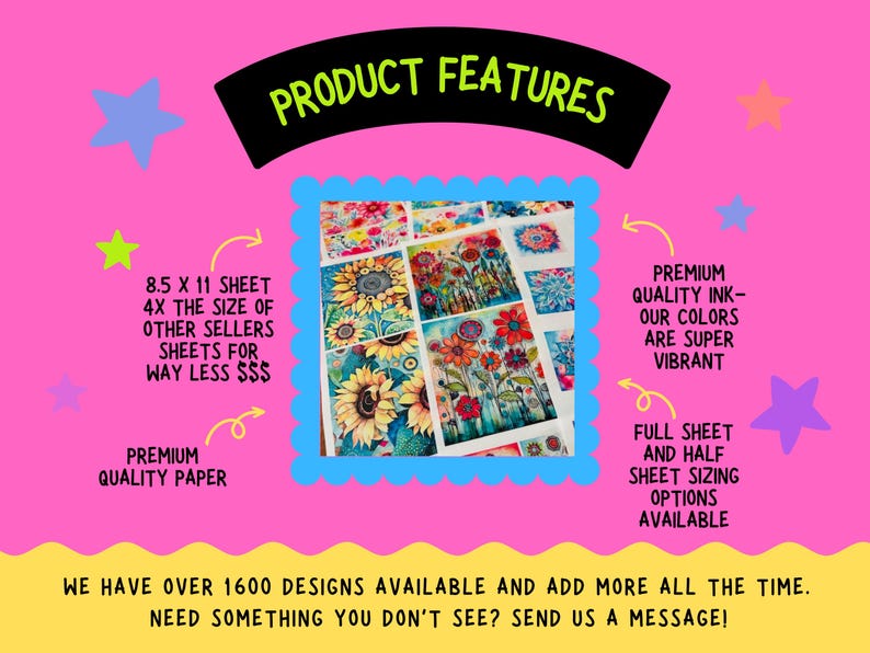 May include: A vibrant pink background with the text "PRODUCT FEATURES" in black. The image showcases floral designs on 8.5 x 11 inch sheets, highlighting premium quality paper and vibrant ink. Additional text promotes full and half sheet sizing options.
