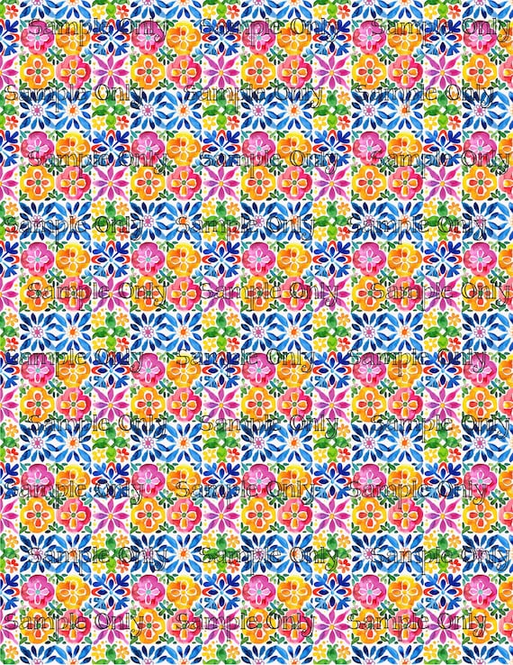 Siesta Watercolor Mexican Floral Tiles Pattern Image Transfer Sheet For Polymer Clay
