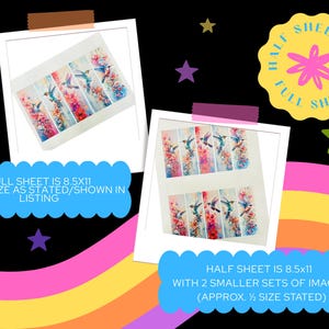 May include: Two images of nail art decals featuring hummingbirds and floral designs. One image shows a full sheet, the other a half sheet. Text on the image states the sheet sizes are 8.5x11 inches.