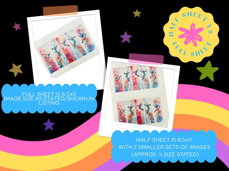 May include: Two images of nail art decals featuring hummingbirds and floral designs. One image shows a full sheet, the other a half sheet. Text on the image states the sheet sizes are 8.5x11 inches.
