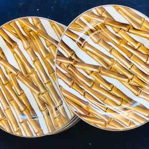 Set of 8 Nicole Miller Sakura Porcelain appetizer dessert plates, bamboo print