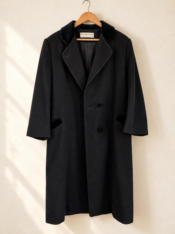Mackintosh, Vintage Mackintosh Black Wool Coat, Velvet Collar & Pocket Trim, Size 12, Made in USA