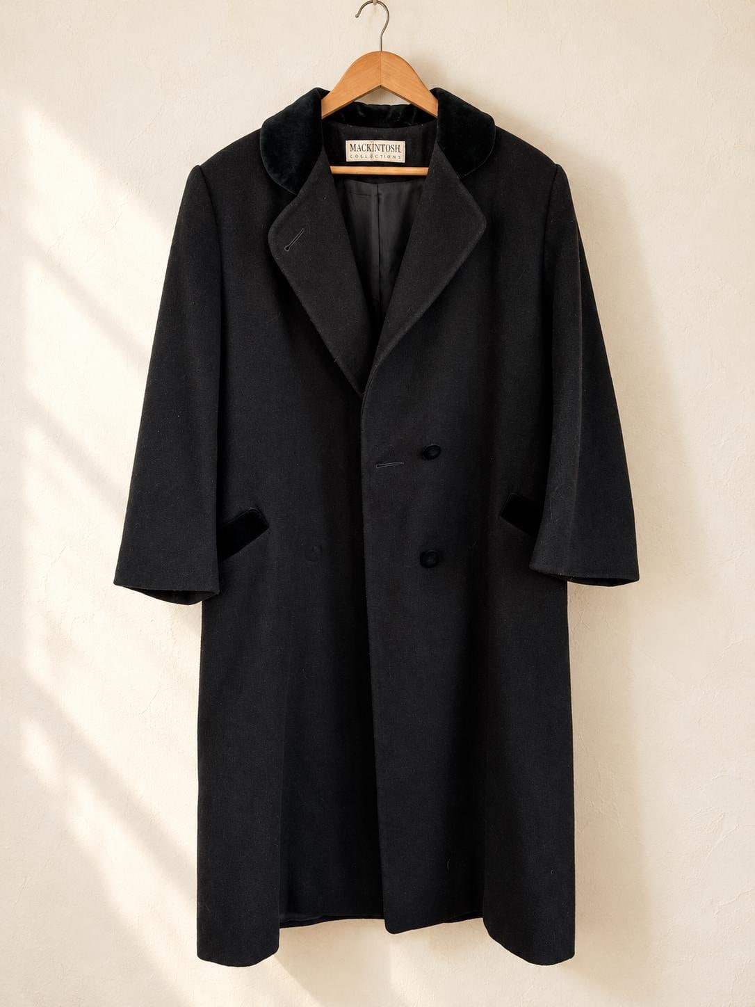 Mackintosh, Vintage Mackintosh Black Wool Coat, Velvet Collar & Pocket Trim, Size 12, Made in USA