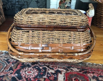 Huge Vintage Picnic Sewing Storage Basket, Hand Woven Jute Rope and Rattan, 1970s