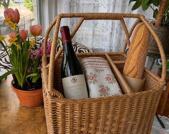 Vintage Wicker Picnic Basket Organizer, Divided Rattan Tote, Wine Carrier Basket, French Market Style, Cottagecore Storage