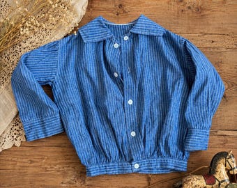 Vintage Child's Blue Ticking Stripe Blouse, Antique Children's Shirt, Farmhouse Americana, Primitive Textile, 1930s-1940s