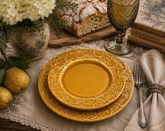 Vintage Varages France Ivy Dinner Plates, Set of 5 French Majolica Style Plates, Mustard Gold Dinnerware, Raised Botanical Relief