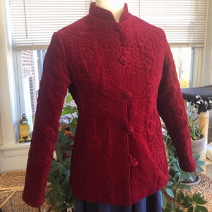 GORGEOUS Quilted wine colored velvet Tang jacket, wool lined, vintage 1960s perfect condition, free shipping