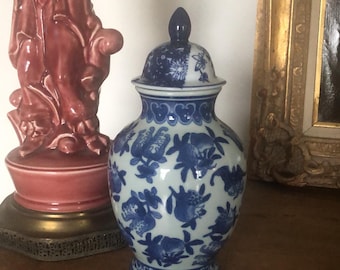 Vintage Chinese Blue and White Ginger Jar, Lidded Temple Jar, Mid Century