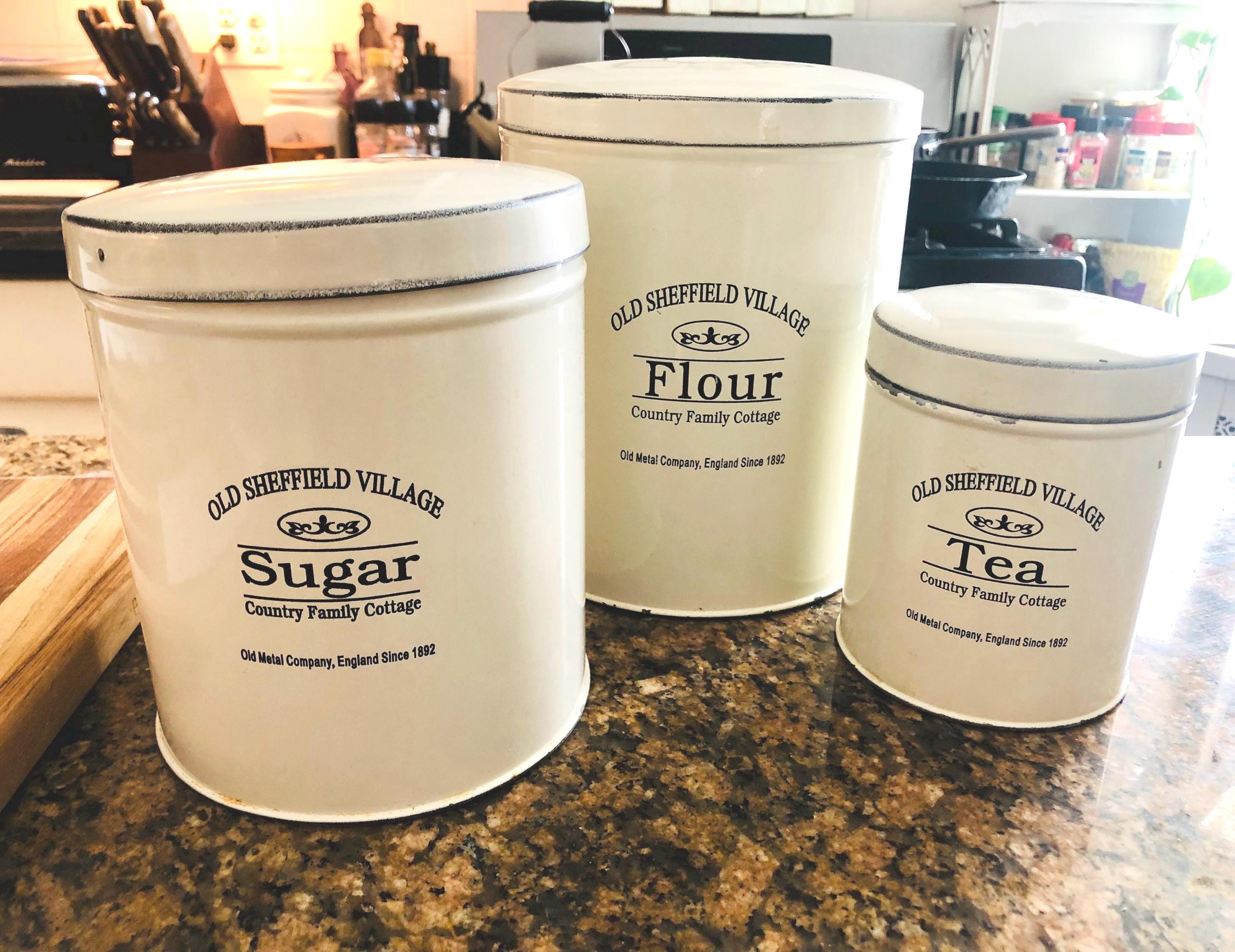 Vintage English Enamel Canister Set, Old Sheffield Village