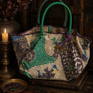 Batik Chic tote, Indonesian batik bag, python leather handles, brass butterfly, boho luxe artisan handbag