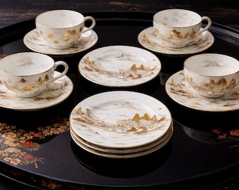 Vintage Japanese Porcelain Tea and Dessert Set, Fuji Landscape with Geisha Lithophane Cups, 22k Gold Gilt Dessert Plates & Saucers