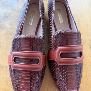 May include: A pair of brown leather loafers with a snakeskin pattern. The shoes have a rectangular accent strap across the top and a pointed toe. The brand name "Louise et Cie" is visible inside the shoe.