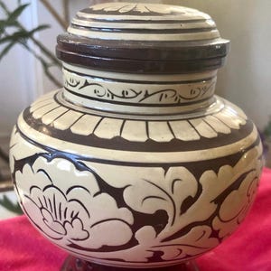 Red Wing Pottery Lidded Urn, Brown Floral Stoneware, Vintage American Studio Pottery
