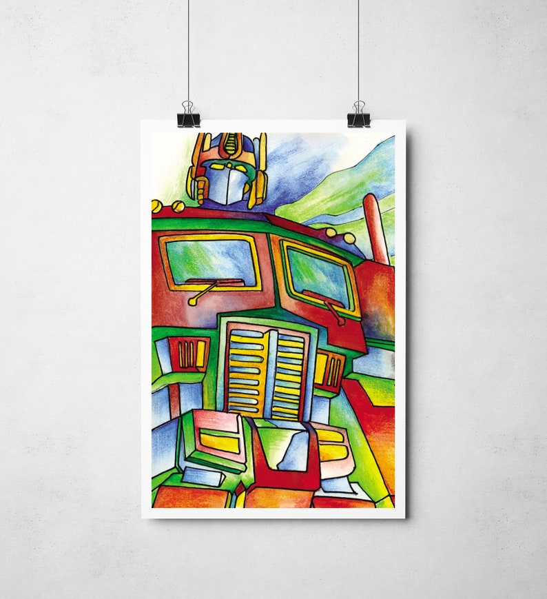 May include: A vibrant watercolour illustration of Optimus Prime, the Transformers character. The artwork uses bold lines and bright colours, including red, green, yellow, blue, and orange. The poster is hanging on a white wall.