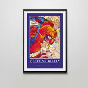 Responsibility 12&quot;x18&quot; Motivational Art Print featuring Spider-Man in a Stained Glass Style.