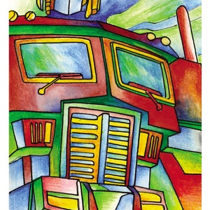 May include: A vibrant illustration of a robot truck, using red, green, yellow, and blue hues. The artwork shows the robot's head and the front of the truck, with details such as windows and a smokestack.