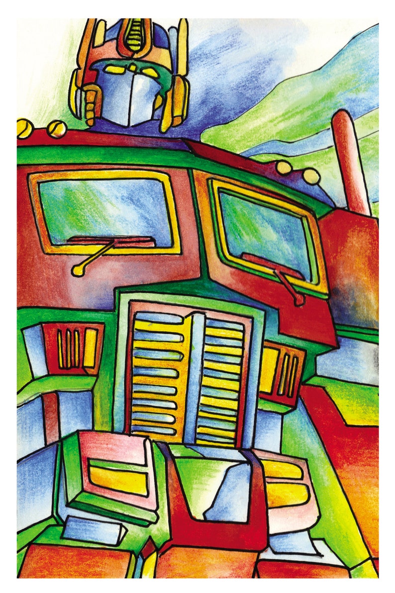 May include: A vibrant illustration of a robot truck, using red, green, yellow, and blue hues. The artwork shows the robot's head and the front of the truck, with details such as windows and a smokestack.