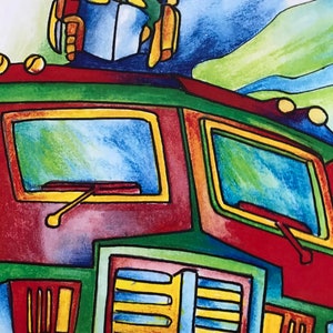 May include: A vibrant illustration of a robot's head and the front of a truck. The robot is red, blue, and yellow. The truck is red, green, and yellow with blue windows and wipers. The background shows blue and green shapes.