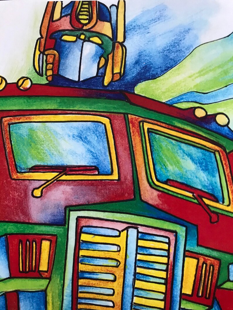 May include: A vibrant illustration of a robot's head and the front of a truck. The robot is red, blue, and yellow. The truck is red, green, and yellow with blue windows and wipers. The background shows blue and green shapes.