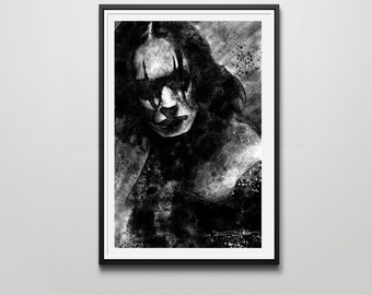 May include: Black and white illustration of a person's face with a dark, textured background. The person has dark hair and is wearing dark makeup. The image is in a black frame.