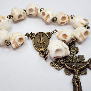 Memento Mori Skull Rosary: White Howlite Beads, Miraculous Medal