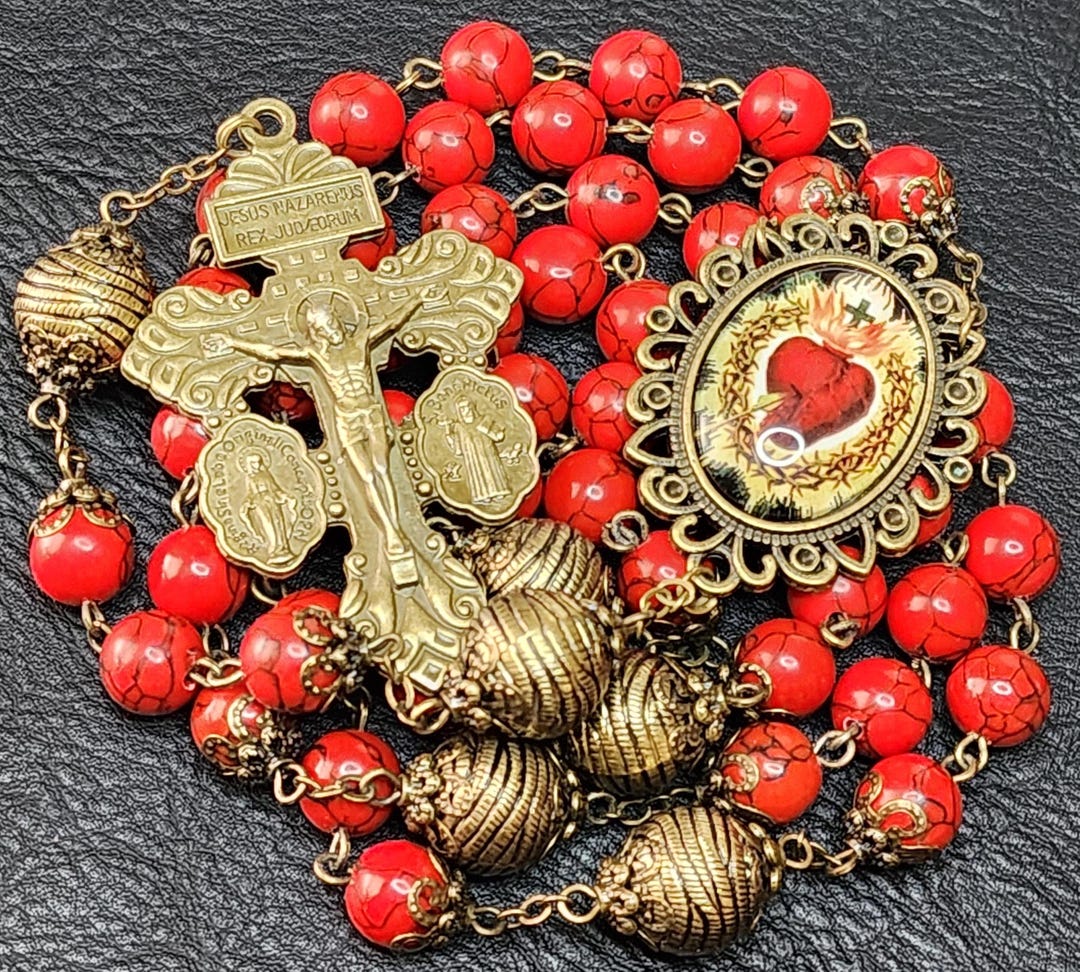 Sacred Heart of Jesus Rosary, Large Catholic Rosary, Bronze Red Howlite ...